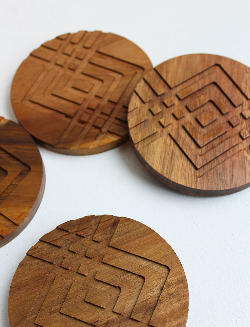 Geo Engraved Wood Coasters Set of 4